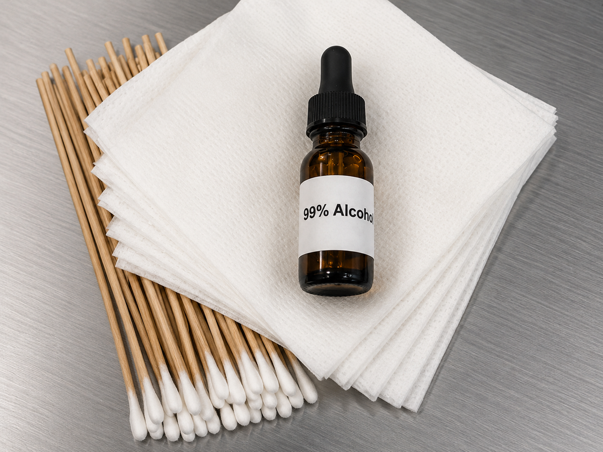 Lens & Mirror Cleaning Kit 1/2 oz 99% Pure IPA and 100 Cotton Q-tips 10 lint free cotton wipes