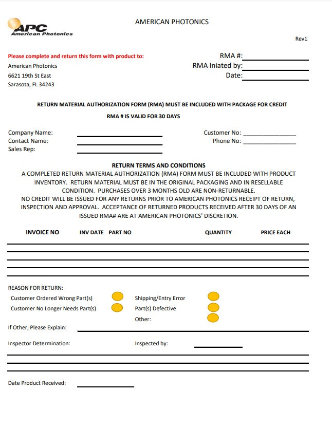 Return Material Authorization - RMA – American Photonics